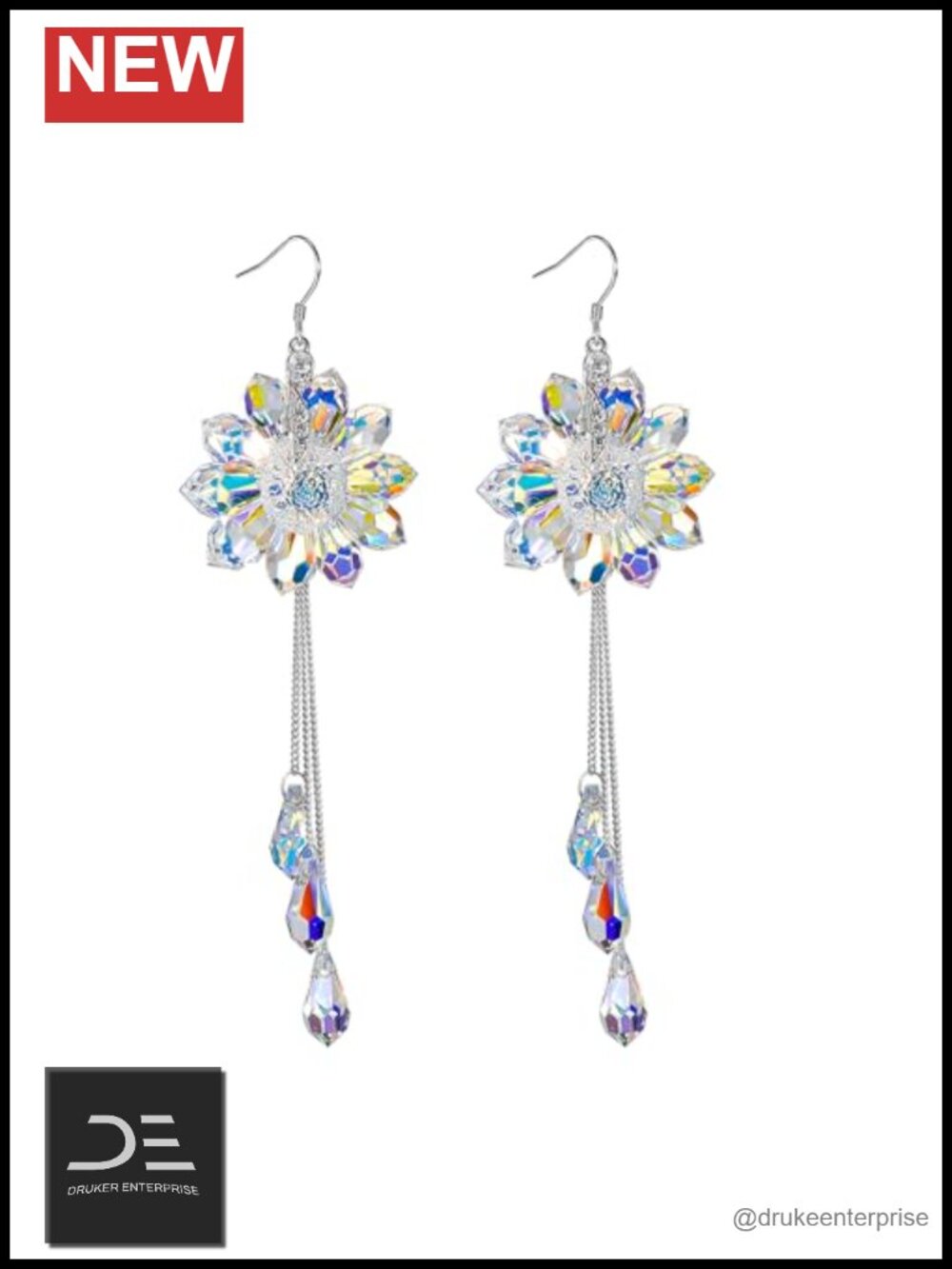 925 Sterling Silver Long Tassel Raindrop Dangle Earrings Austrian Crystal